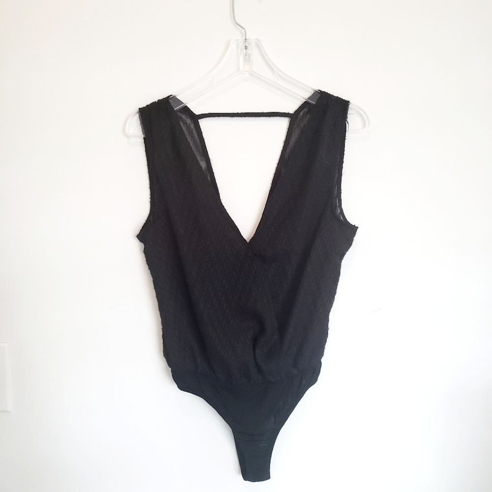 Black V-Neck Bodysuit with Chevron Shiffon